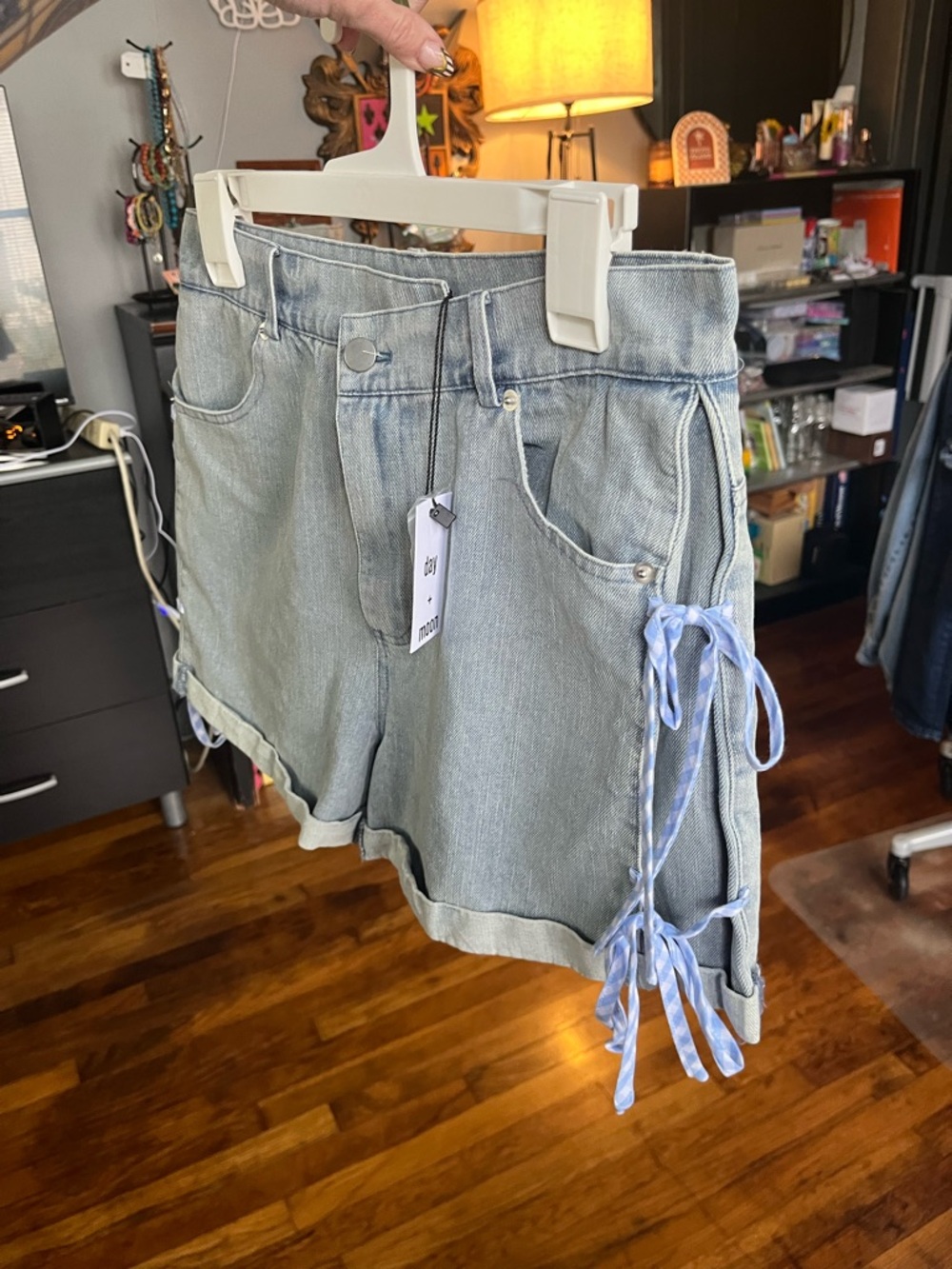 NWT Light Blue Denim Shorts with Side Tie Detail - Picture 2 of 13